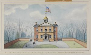 A color illustration of Carpenter's Hall, a two-story red brick Georgian-style meeting hall topped by a white cupola and a large American flag. It is surrounded by a wall and the area around it is still forested. 