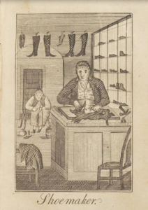 A black and white illustration of an early nineteenth century shoemaker cutting leather. Behind him, finished shoes dry on a clothes line and are displayed in compartments along the wall.