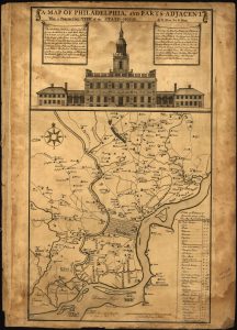 A sepia tone map of Philadelphia with a large illustration of Independence Hall above it. Prominent places in the surrounding area are marked.