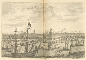 A drawing of the port of Canton with several tall ships in the harbor.