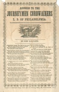 1850 song sheet urging Journeyman Cordwainers to once again push for a union.