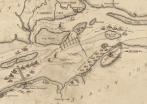 Map drawing of the Delaware River, showing Fort Billings, Fort Mifflin, and Fort Mercer.