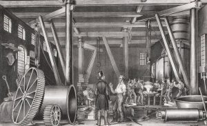 A black and white advertisement for the Morris Iron Works. Top image shows the interior of a factory with a foreman speaking to workers at machines, lower image depicts a worker operating a large smelter.