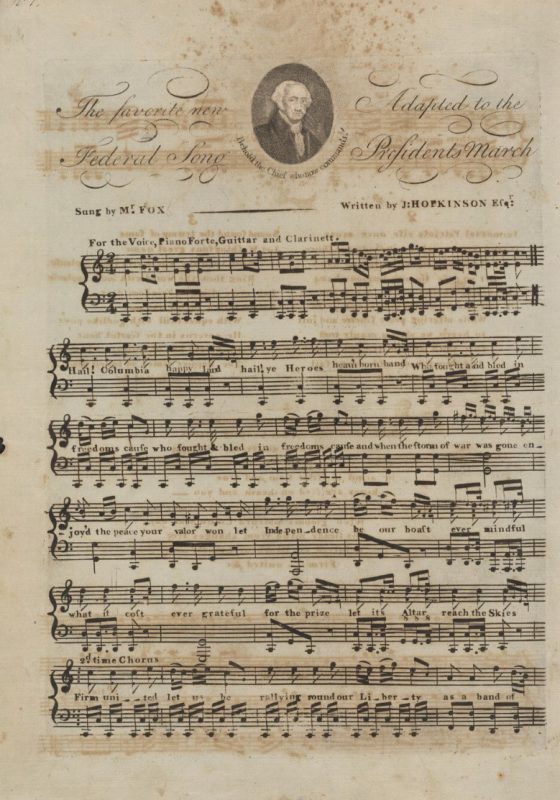 An late eighteenth century page of sheet music for "Hail, Columbia."