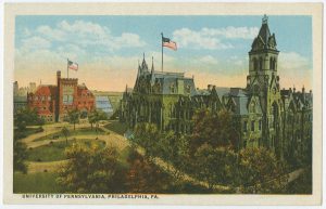 a color postcard of the red brick library and green main building of the University of Pennsylvania