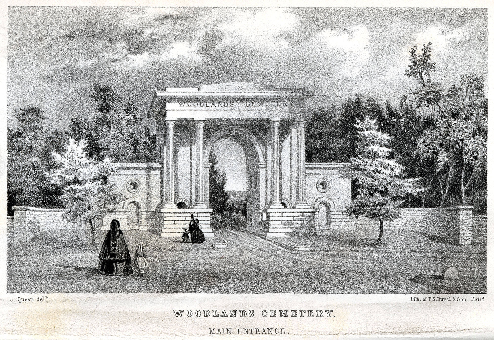 A black and white illustration of the front entrance of a rural cemetery with mourners entering.