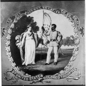 A black and white photograph of the 3rd USTC regimental flag. Image is of a black soldier being handed a flag by Columbia, personification of the United States. A banner surrounding the image reads "Rather die freemen than live to be slaves, 3rd United States Colored Troops"