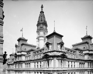 A black and white photograph of Philadelphia City Hall, taken just after its completion in the early twentieth century.