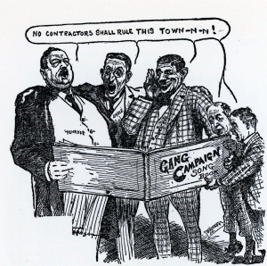 cartoon from about 1906 showing caricatures of the contractor bosses.