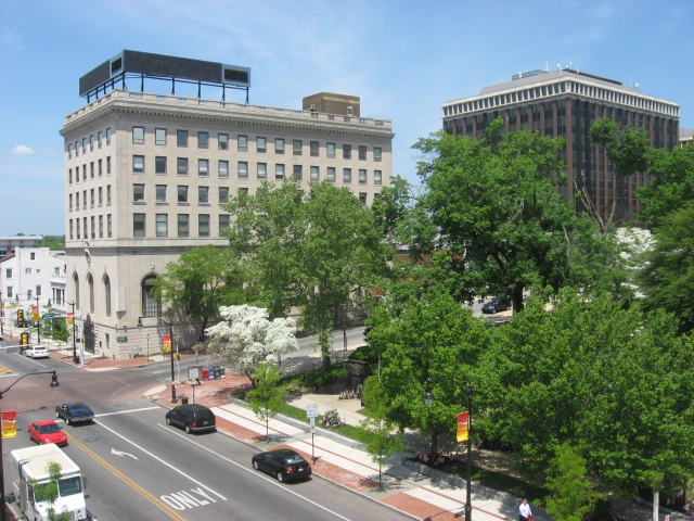 a color photograph of Main street in Norristown lined with trees and commercial office buildings