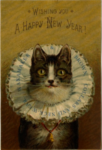 a color trade card showing a cat wearing a starched ruffled collar and a bell around its neck. Text reads "Wishing you a Happy New Year! Wanamaker & Brown Collars and Neckwear"