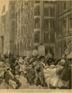 A black and white illustration of a large, rowdy crowd of costumed revelers in the streets of philadelphia