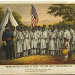 A color illustration of a group of USCT soldiers in uniform with a white officer. One soldier holds a US flag and a small child stands with them in uniform playing a drum. Text reads "United States Soldiers at Camp "William Penn" Philadelphia, PA. Rally Round the Flag, boys, Rally once again, Shouting the battle cry of FREEDOM!"