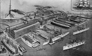 Lithograph Showing an Aerial View of Cramp's Shipyard.