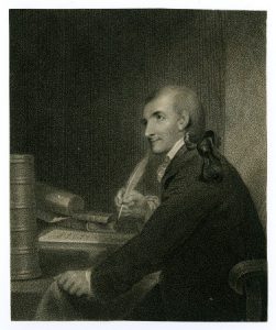 A portrait of Francis Hopkinson with a quill in his hand.