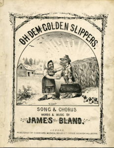 Yellowed song book with a cartoon drawing of an african american woman and an african american man standing outside near a field, arguing