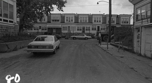 A black and white photograph of homes on the 6800 block of Osage Avenue
