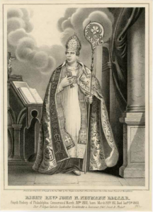 a black and white illustration of Saint John Neumann in life, wearing vestments and holding a crosier