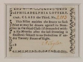 A color photograph of a two-pence lottery ticket from the 1748 Philadelphia lottery.