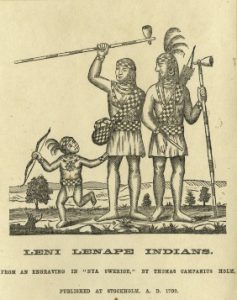 an engraving of two adult Lenni Lenape and a child