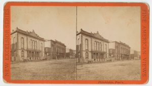 A black and white stereoscopic photograph of Horticultural Hall and the Academy of Music.