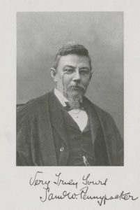 a black and white portrait of Samuel Pennypacker in a suit. Handwritten text reads "very truly yours, Samuel W. Pennypacker"