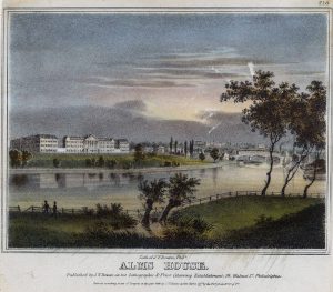 A color illustration of Blockley Alms House with a river and open fields in front of it. Building is four stories tall and white with a grey slate roof.