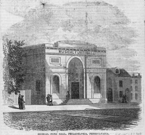 A black and white illustration of the Musical Fund Hall