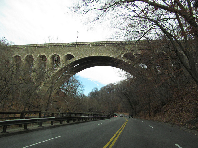 A color photograph of the Wissahickon Memorial Bridge, a two-ribbed, open-spandrel, reinforced concrete bridge.