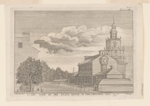 An ink drawing of the Pennsylvania State House from 1778.