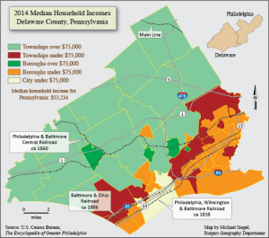 color map of Delaware County PA showing median household incomes, 2014