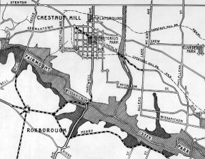 A 1915 map of Northwest Philadelphia, with the Chestnut Hill neighborhood in the left center. The Lincoln Drive, with its proposed expansions, cuts through the center of the neighborhood from right to left.