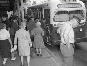 People await outside the 69th Street Terminal for a Red Arrow bus