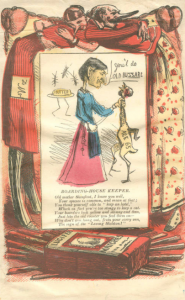 a cartoon of a grotesque woman holding a scrawny chicken by the neck. Writing on the chicken reads "age 65". Behind her, insects infest a stick of butter on a plate. A poem underneath the image mocks the meagre meals boarders were served.