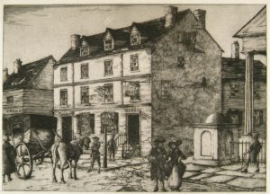 a black and white illustration of the City Tavern with a crowd of pedestrians and horse-drawn vehicles on the street in front of it.