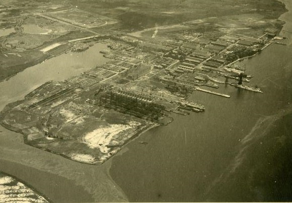 A black and white aerial photograph of League Island.