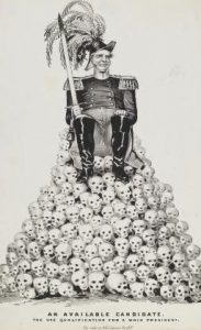 A man dressed as a nineteenth century general sits atop a throne of skulls.