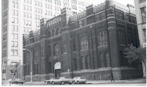 black and white photo of the front of the First Regiment Armory.