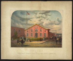 color lithograph of 1863 armory building with horsemen and pedestrians in the foreground.