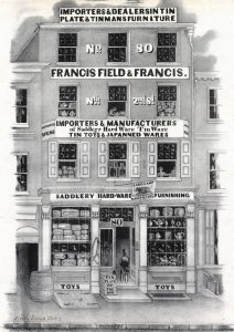 A blank and white print of the Franics, Field, and Francis storefront. 