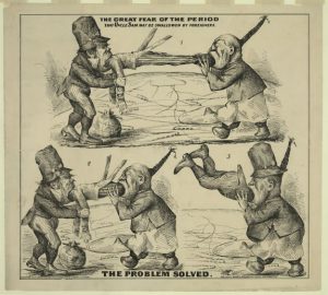 A political cartoon of an Irish-American and a Chinese-American eating Uncle Sam, illustrating xenophobic sentiments in the United States during the late 19th century.