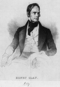 A lithograph of Henry Clay, who is seated as he looks into the distance away from the viewer of the portrait.