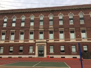 A color photo of the playground entrance to the LEAP Academy University Charter School in Camden, New Jersey.