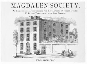 A print of a drawing of the Magdalen Society building, which is a 4 story brick building with an eleven foot wall surrounding the peremiter. 