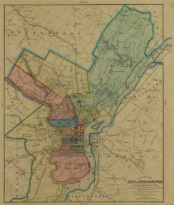 A ninteenth century map of Philadelphia after its consolidation with the surronding County in 1854. Various parts of the City are shaded in different colors.