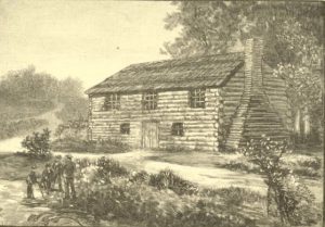 Black and gray illustration of a three bay log building with chimney; Four men standing at the end of a walkway connecting the building to the road.