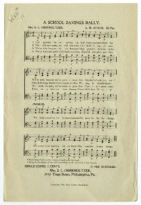 A music sheet for Sara Oberholtzer's School Savings Song