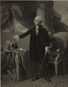 a black and white painting of George Washington standing in his chambers.