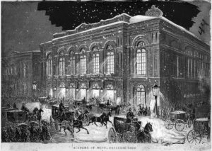 a black and white illustration of the Academy of Music with carriages dropping off guests in the foreground.