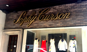 a color photograph of a storefront. Large gold-colored letters above the door and display window read "Sophy Curson"
